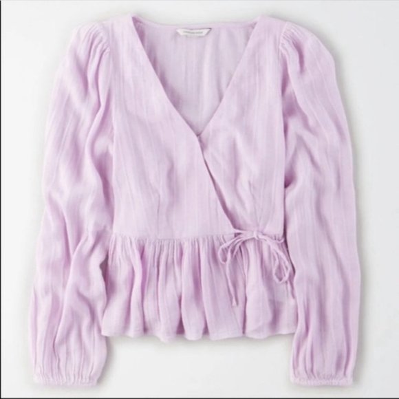 American Eagle Lilac purple peplum wrap blouse long sleeves size small - Picture 2 of 9